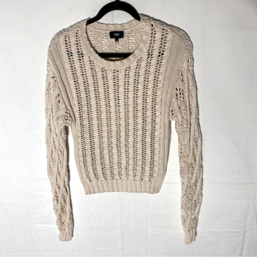Line Cream Cotton Chunky Knit Scoop Neck Long Sleeve Pullover Sweater XS